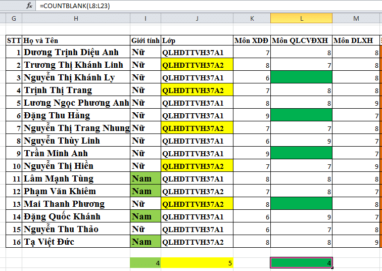 Hàm excel đếm ô trống COUNTBLANK 