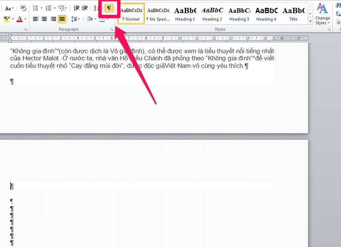 Cách xóa trang trắng trong Word bằng Paragraph