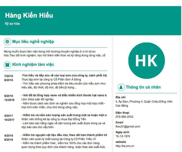 Gợi ý cách viết Mẫu CV tham khảo Kỹ sư hóa