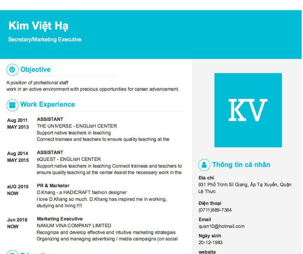 Mẫu CV Secretary/Marketing Executive