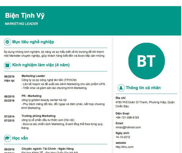 Gợi ý cách viết Mẫu CV tham khảo MARKETING LEADER