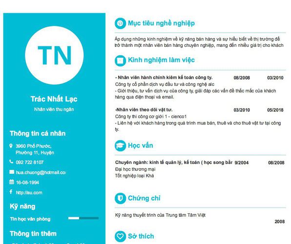 Mẫu CV Nhân viên thu ngân