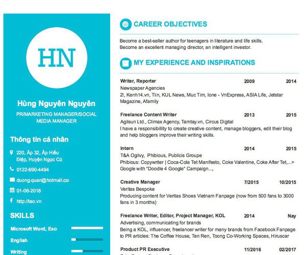 Gợi ý cách viết Mẫu CV tham khảo PR/MARKETING MANAGER/SOCIAL MEDIA MANAGER