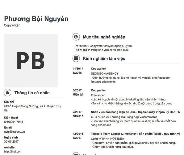 Gợi ý cách viết Mẫu CV tham khảo Copywriter
