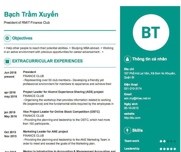 Gợi ý cách viết Mẫu CV tham khảo President of RMIT Finance Club