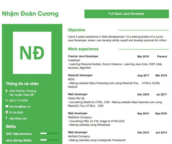Gợi ý cách viết Mẫu CV tham khảo Full Stack Java Developer