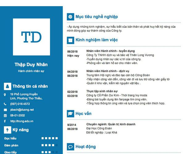Mẫu CV Hành chính nhân sự