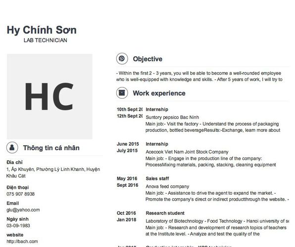 Gợi ý cách viết Mẫu CV tham khảo             LAB TECHNICIAN