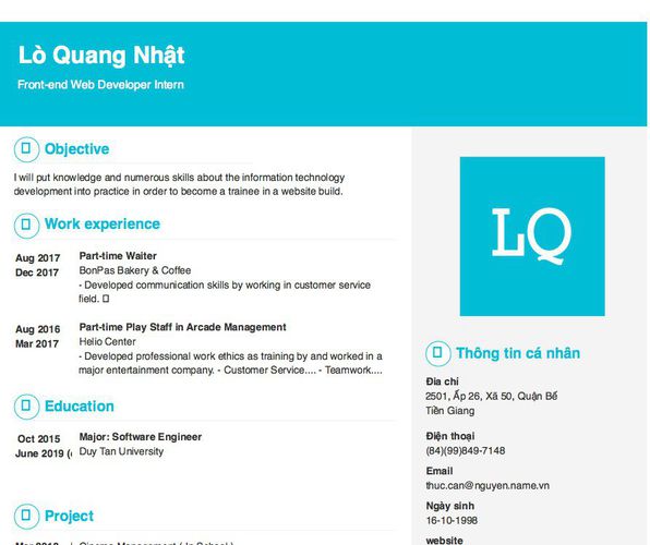 Gợi ý cách viết Mẫu CV tham khảo Front-end Web Developer Intern