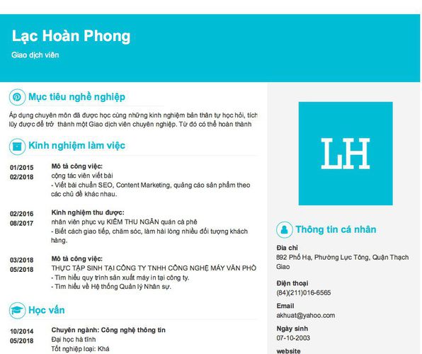 Mẫu CV Giao dịch viên