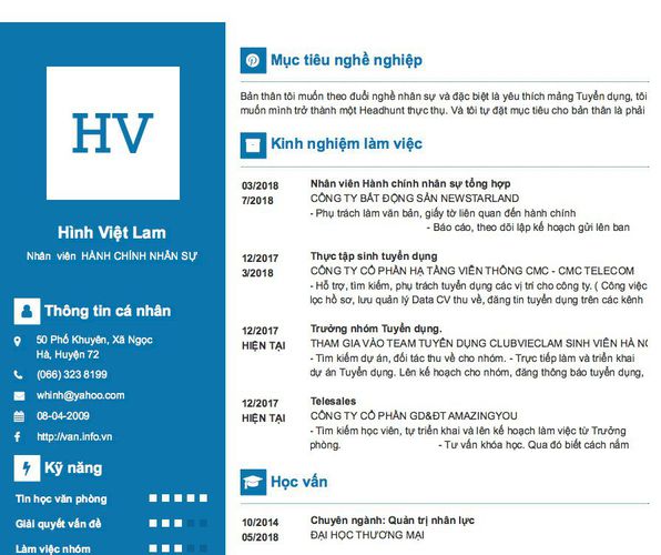 Mẫu CV Nhân  viên  HÀNH CHÍNH NHÂN SỰ