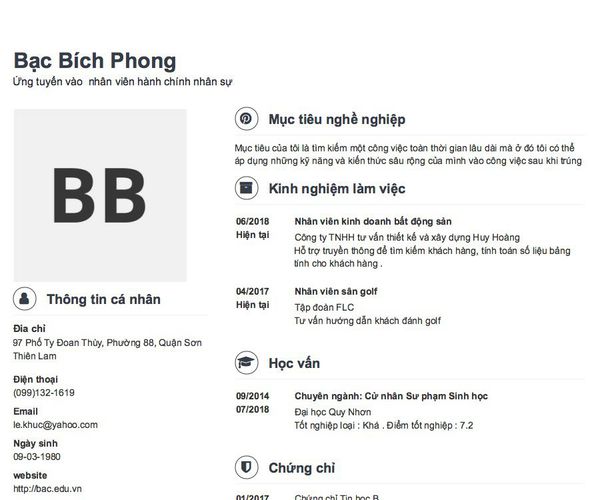 Mẫu CV Ứng tuyển vào  nhân viên hành chính nhân sự