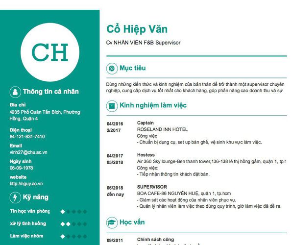 Gợi ý cách viết Mẫu CV tham khảo Cv NHÂN VIÊN F&B Supervisor