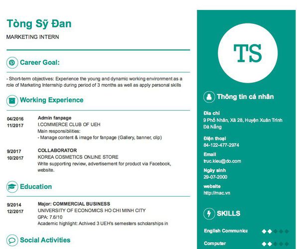 Gợi ý cách viết Mẫu CV tham khảo MARKETING INTERN