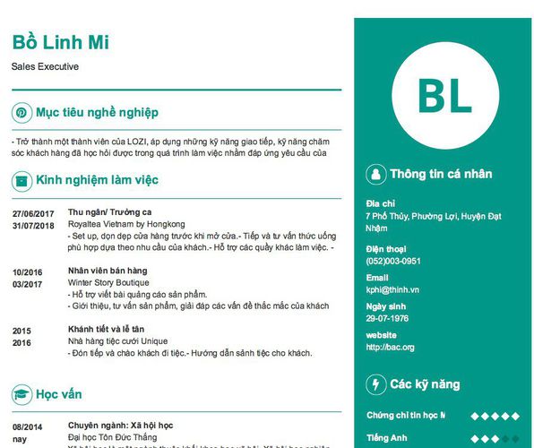 Gợi ý cách viết Mẫu CV tham khảo Sales Executive