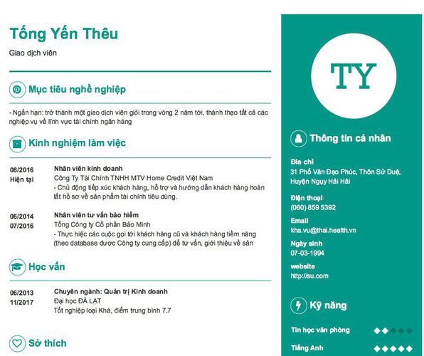 Mẫu CV Giao dịch viên