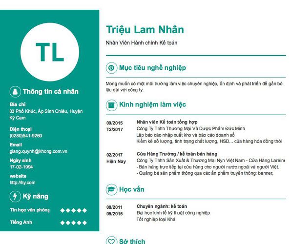 Mẫu CV Nhân Viên Hành chính Kế toán