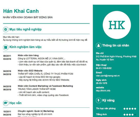 Gợi ý cách viết Mẫu CV tham khảo NHÂN VIÊN KINH DOANH BẤT ĐỘNG SẢN