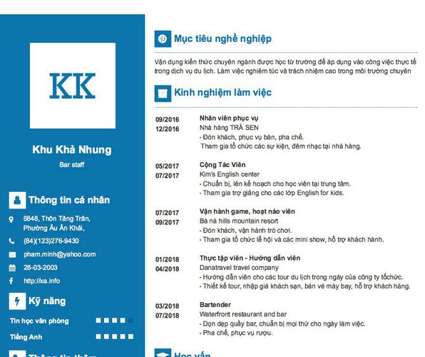 Gợi ý cách viết Mẫu CV tham khảo Bar staff