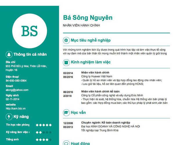 Mẫu CV NHÂN VIÊN HÀNH CHÍNH