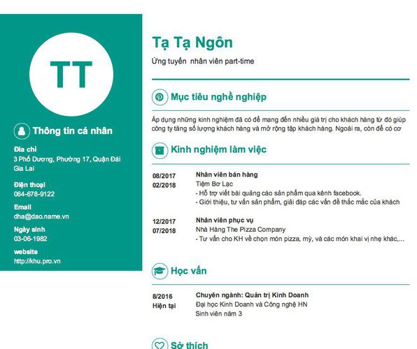 Gợi ý cách viết Mẫu CV tham khảo Ứng tuyển  nhân viên part-time