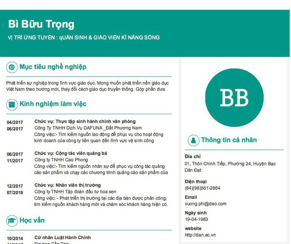 Gợi ý cách viết Mẫu CV tham khảo VỊ TRÍ ỨNG TUYỂN : qUẢN SINH & GIÁO VIÊN KĨ NĂNG SỐNG