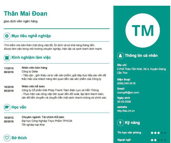 Mẫu CV giao dịch viên ngân hàng