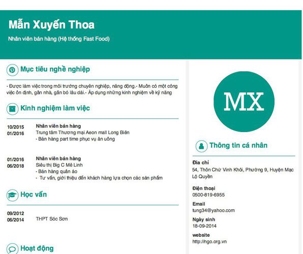 Gợi ý cách viết Mẫu CV tham khảo Nhân viên bán hàng (Hệ thống Fast Food)