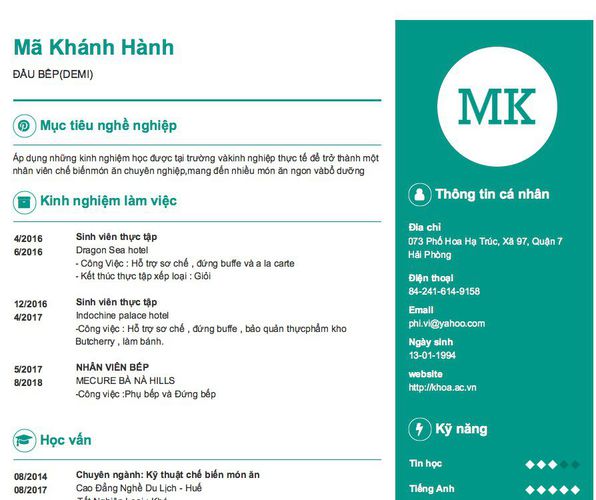 Gợi ý cách viết Mẫu CV tham khảo ĐẦU BẾP(DEMI)