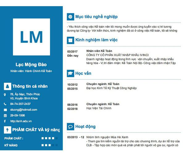 Mẫu CV Nhân viên: Hành Chính Kế Toán