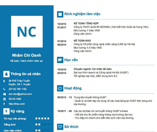 Mẫu CV Kế toán / hành chính nhân sự