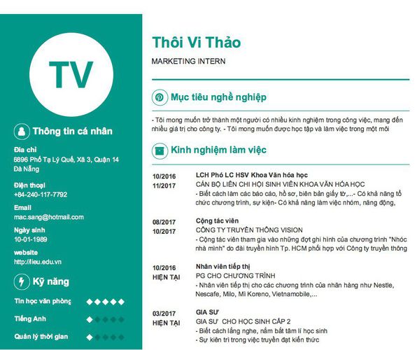 Gợi ý cách viết Mẫu CV tham khảo MARKETING INTERN