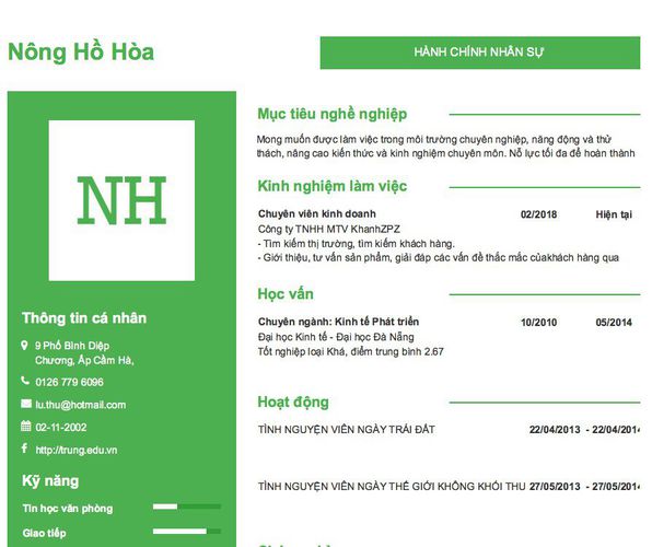 Mẫu CV HÀNH CHÍNH NHÂN SỰ