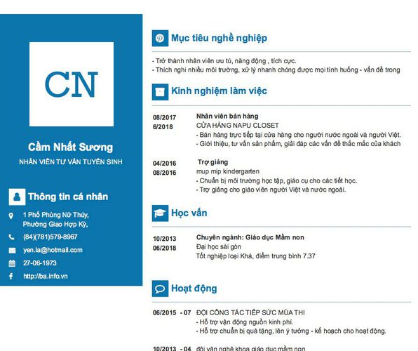 Gợi ý cách viết Mẫu CV tham khảo NHÂN VIÊN TƯ VẤN TUYỂN SINH