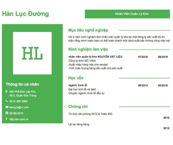 Gợi ý cách viết Mẫu CV tham khảo            Nhân Viên Quản Lý Kho