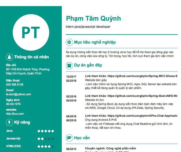 Gợi ý cách viết Mẫu CV tham khảo intern java/javascript developer