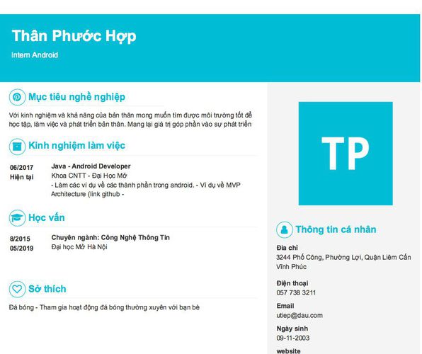 Mẫu CV Intern Android