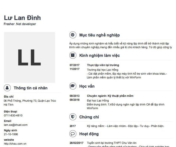 Gợi ý cách viết Mẫu CV tham khảo Fresher .Net developer