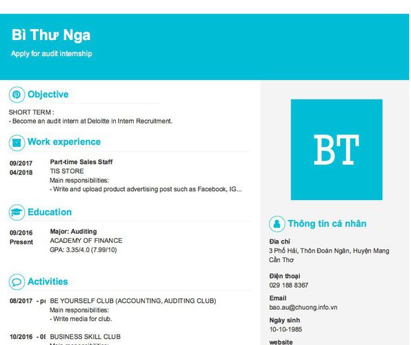 Gợi ý cách viết Mẫu CV tham khảo Apply for audit internship