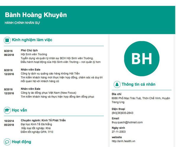 Mẫu CV HÀNH CHÍNH NHÂN SỰ