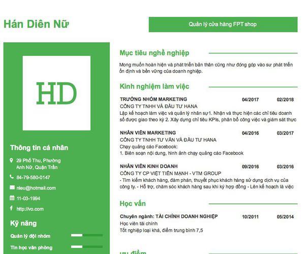 Gợi ý cách viết Mẫu CV tham khảo Quản lý cửa hàng FPT shop