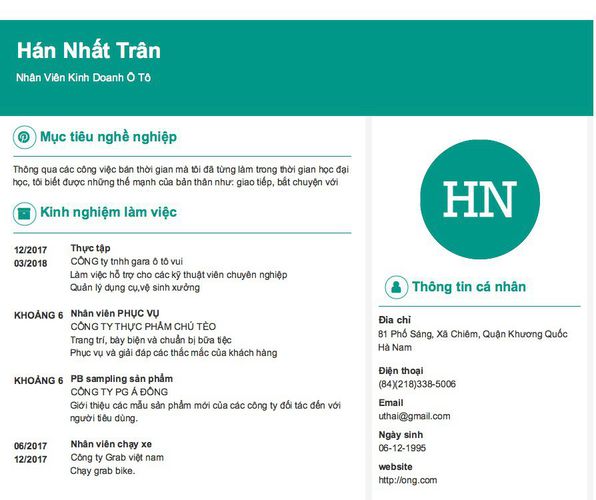 Gợi ý cách viết Mẫu CV tham khảo Nhân Viên Kinh Doanh Ô Tô