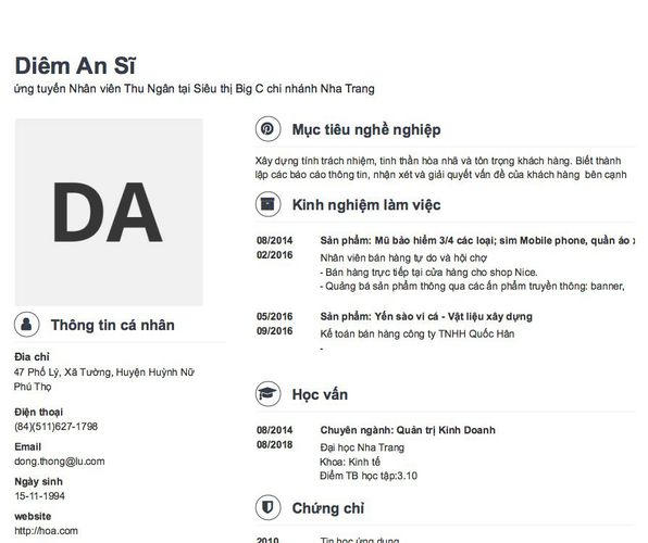 Mẫu CV ứng tuyển Nhân viên Thu Ngân tại Siêu thị Big C chi nhánh Nha Trang