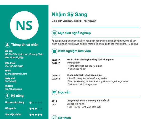 Mẫu CV Giao dịch viên Bưu điện tp Thái nguyên