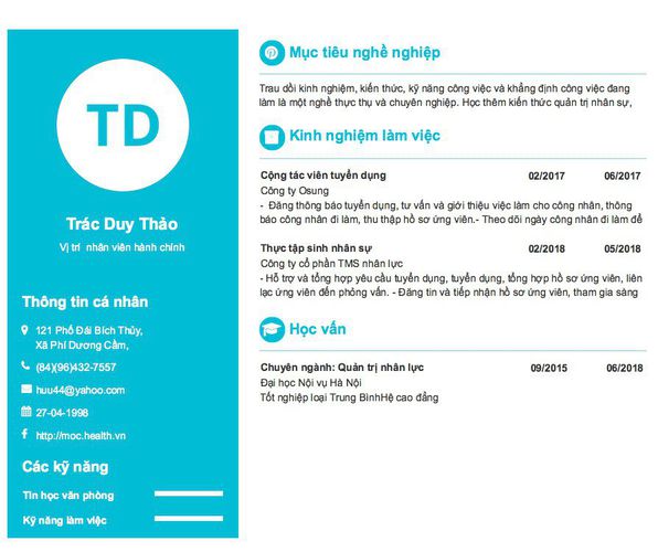 Mẫu CV Vị trí  nhân viên hành chính