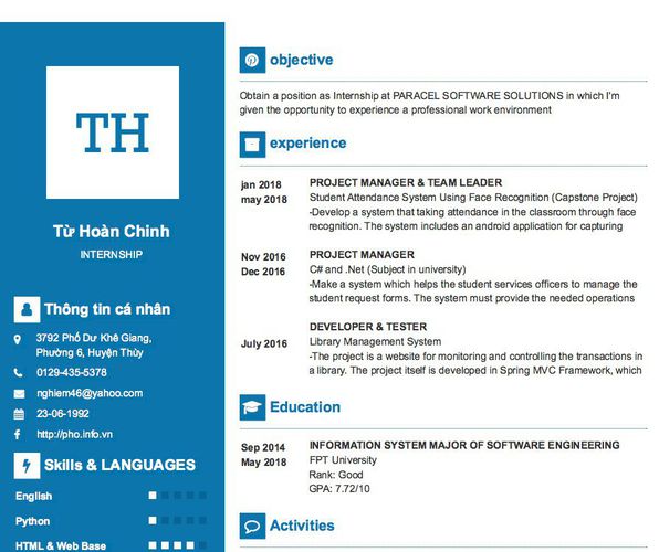 Gợi ý cách viết Mẫu CV tham khảo INTERNSHIP