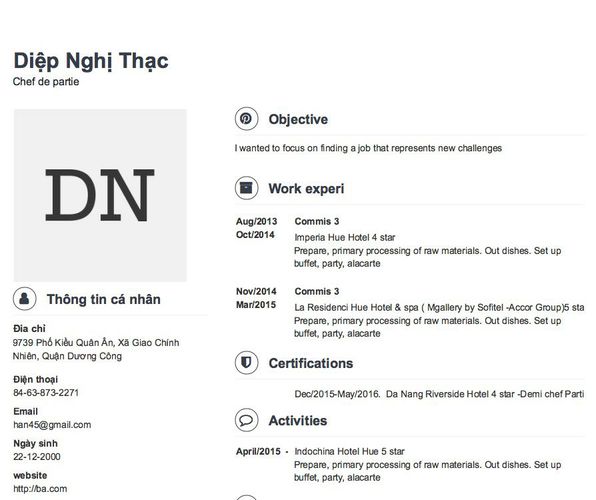 Gợi ý cách viết Mẫu CV tham khảo Chef de partie