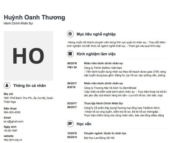 Mẫu CV Hành Chính Nhân Sự