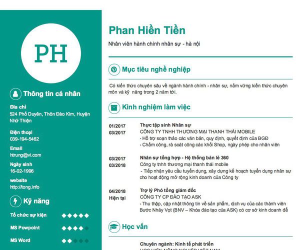 Mẫu CV Nhân viên hành chính nhân sự - hà nội