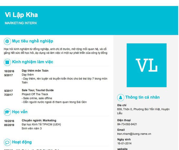Gợi ý cách viết Mẫu CV tham khảo MARKETING INTERN